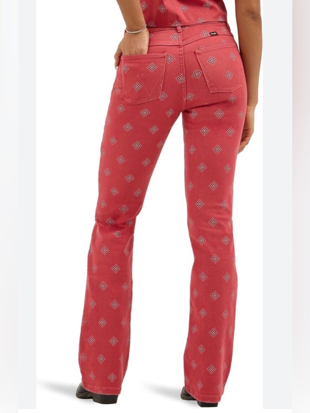 NEW WRANGLER RUSTY RED WHITE AZTEC PRINT HIGH RISE BOLD BOOT CUT SZ  8/29x30